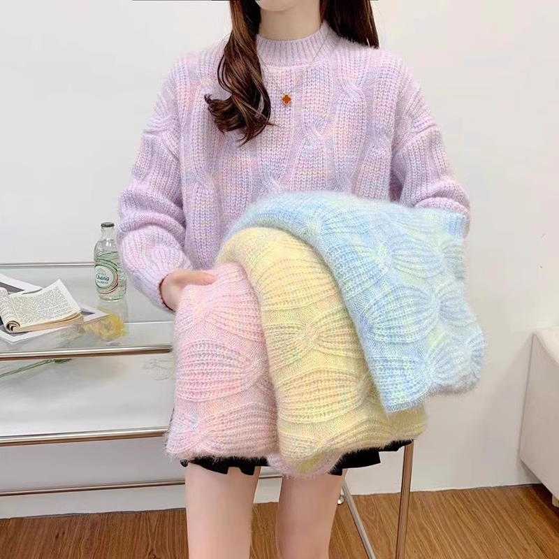 针织毛衣女秋冬幻彩色2024新宽松圆领外穿套头慵懒风厚小香风上衣