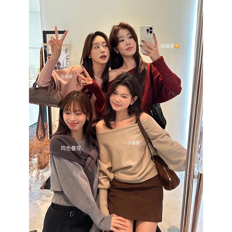 韩系温柔一字领灯笼袖正肩针织衫春秋气质单穿内搭宽松斜肩小衫