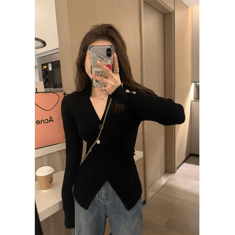 显瘦V领长袖针织衫修身辣妹坑条纯欲风针织毛衣交叉开叉短款上衣