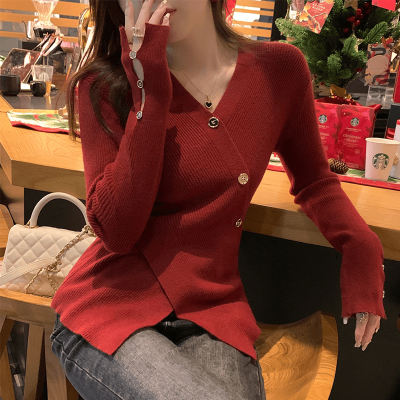 红色毛衣女秋冬2025新款打底衫小香风内搭别致漂亮设计感小众上衣