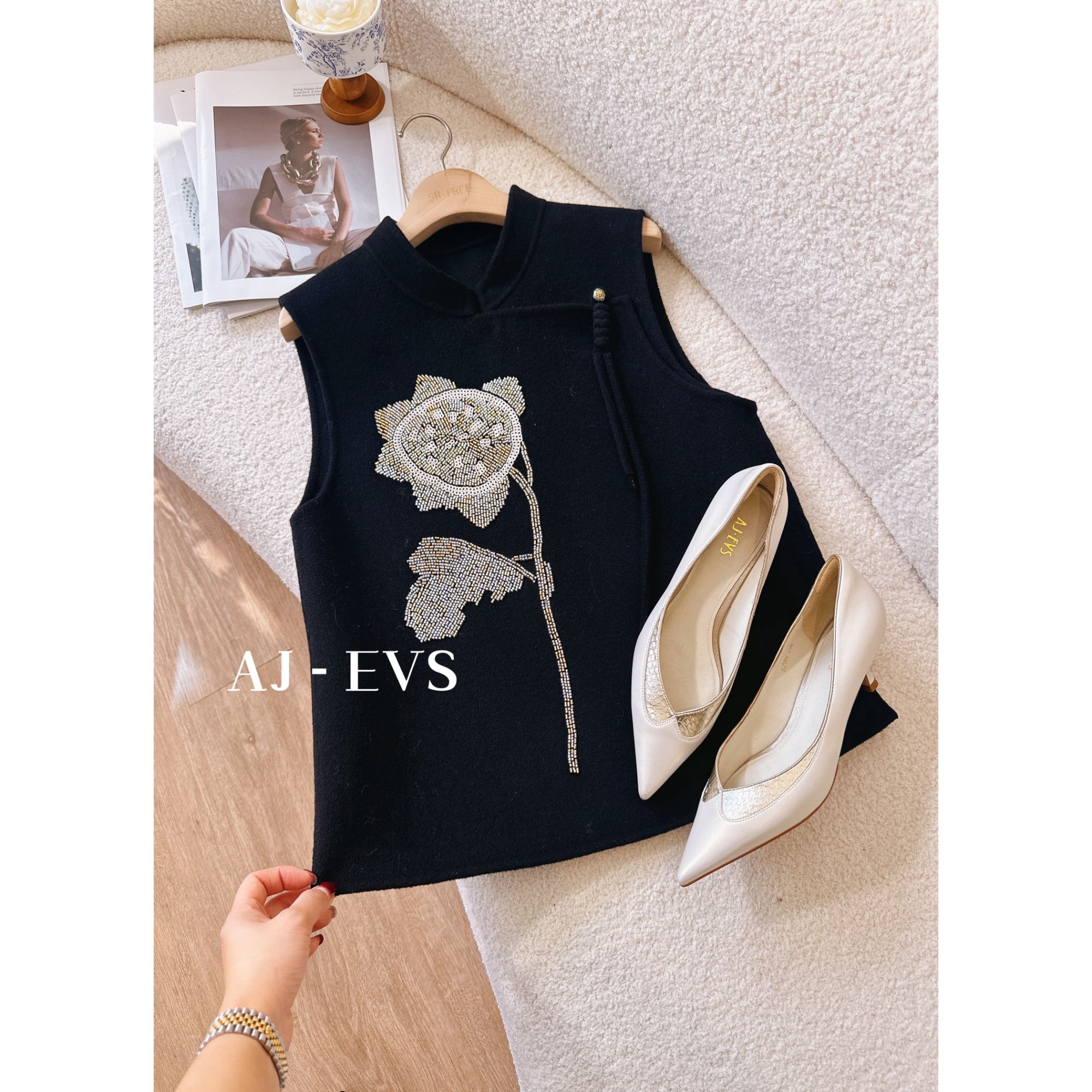 AJ-EVS【富贵花开·高奢重工手工钉珠全羊毛马甲】