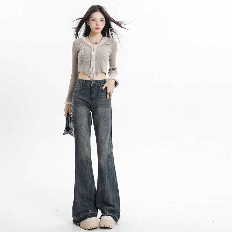 微喇牛仔裤女直筒加绒秋季毛边胖mm显瘦高腰小个子宽松拖地喇叭裤