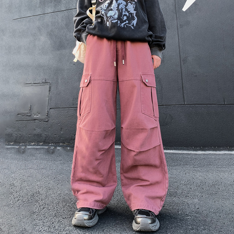 2024复古多巴胺工装裤春秋季女中大童街头阔腿直筒腰带绳休闲裤潮