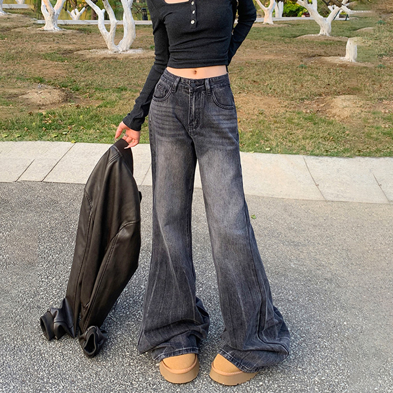 红枣石榴高腰复古微喇牛仔裤女2024新款修身显瘦辣妹设计感喇叭裤