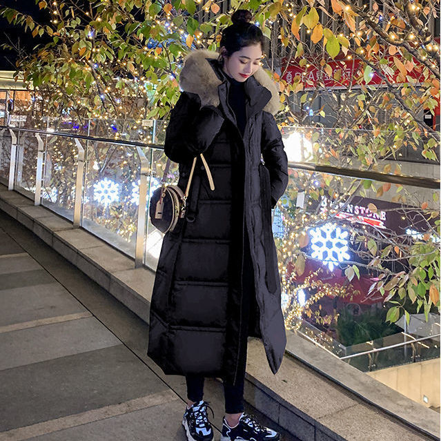 羽绒服大毛领羽绒服服女潮新款长2023收腰显瘦过膝加厚黑色