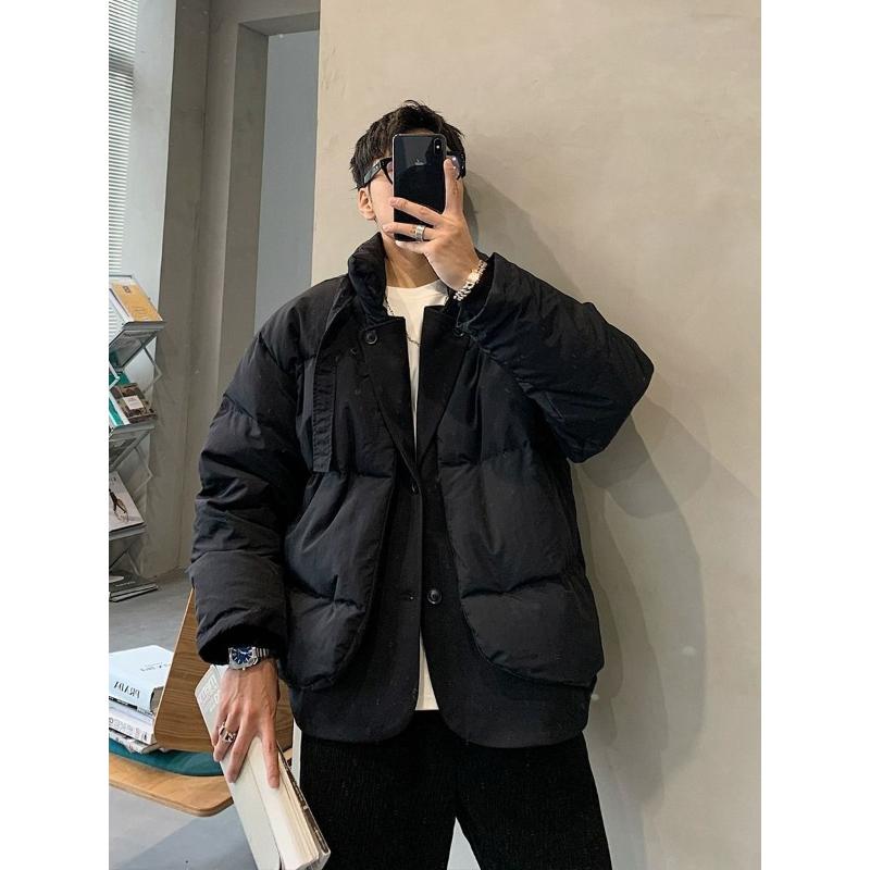 秋冬季英伦男士保暖羽绒服立领设计感拼接西装领假两件短款