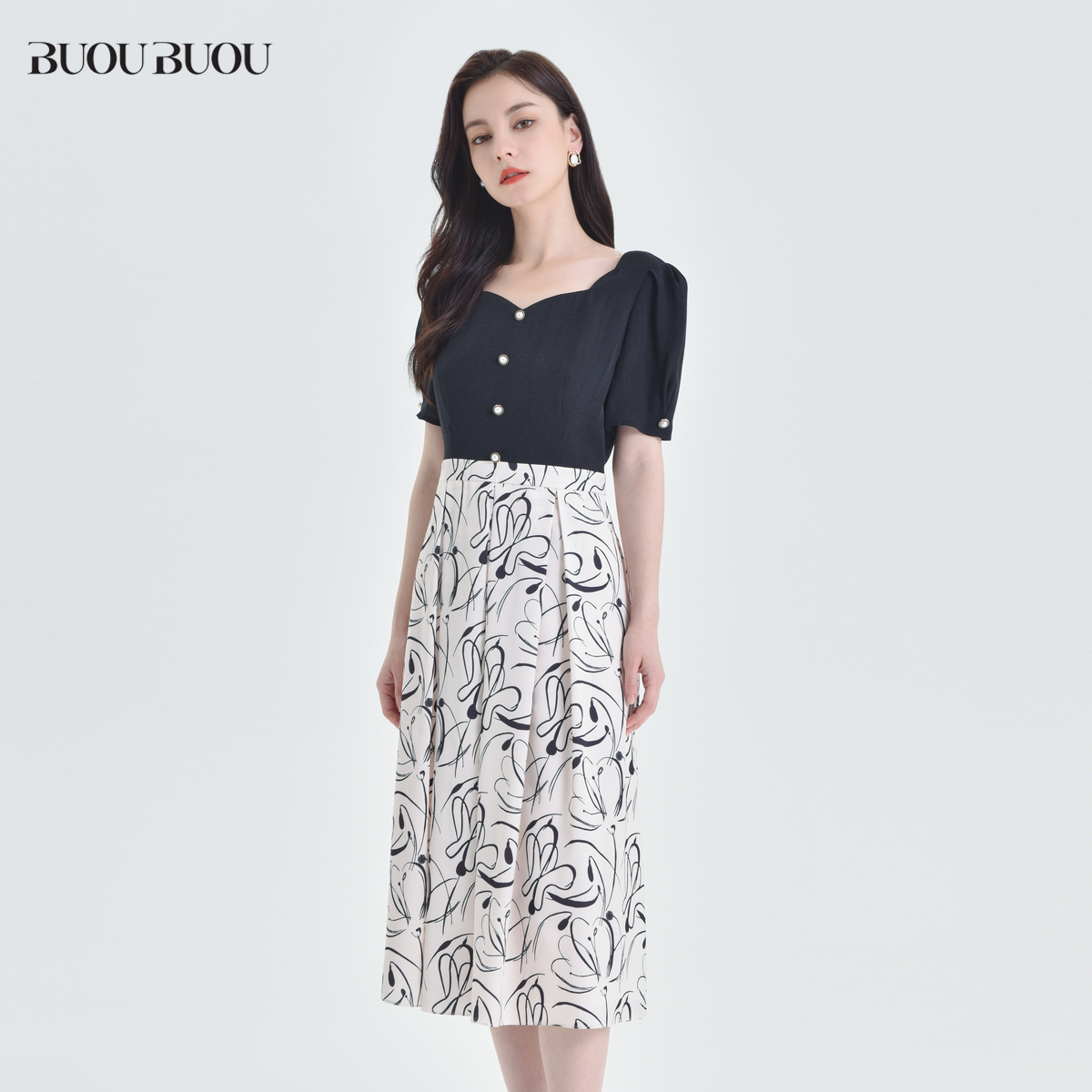 【粉丝专属】BuouBuou印花莱赛尔天丝方领假两件连衣裙DJ2G089