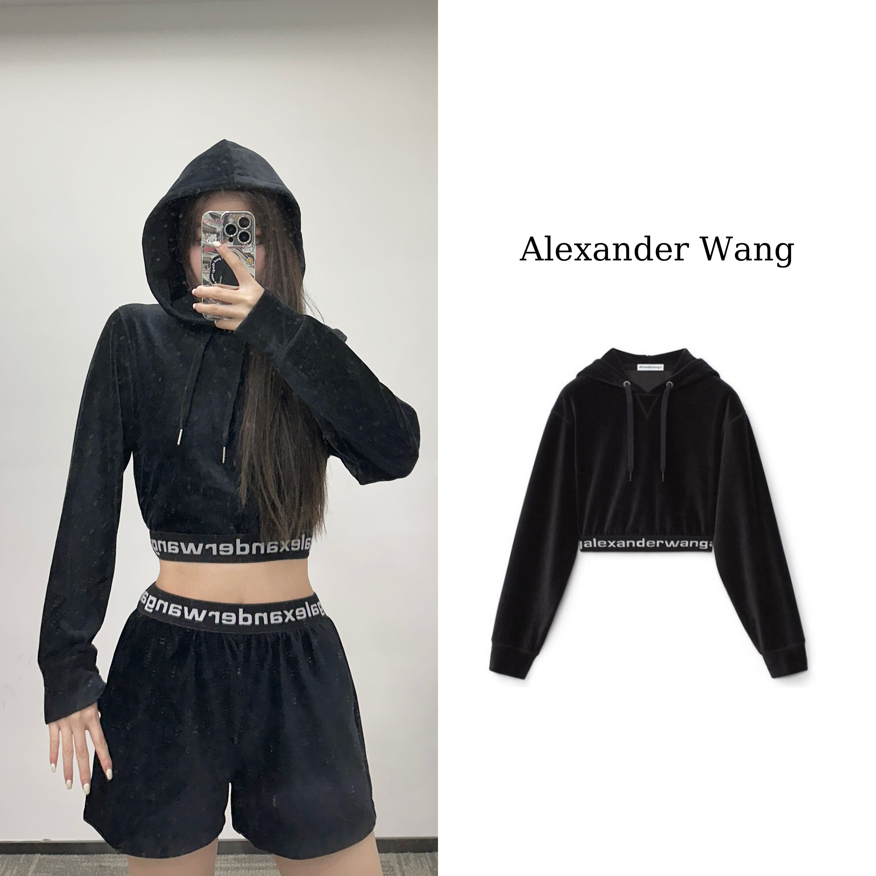 AlexanderWang 亚历山大王 SS21 徽标弹力灯芯绒辣妹套头连帽卫衣