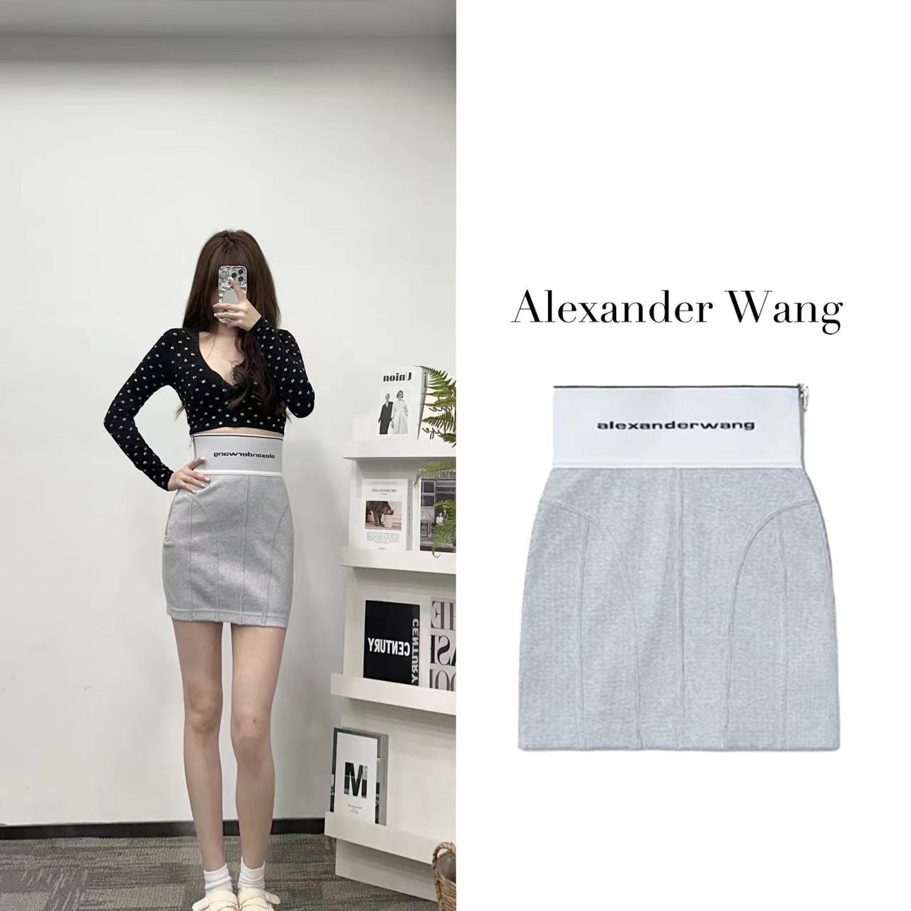 AlexanderWang亚历山大王 徽标装饰灰色罗纹弹力辣妹迷你高腰短裙