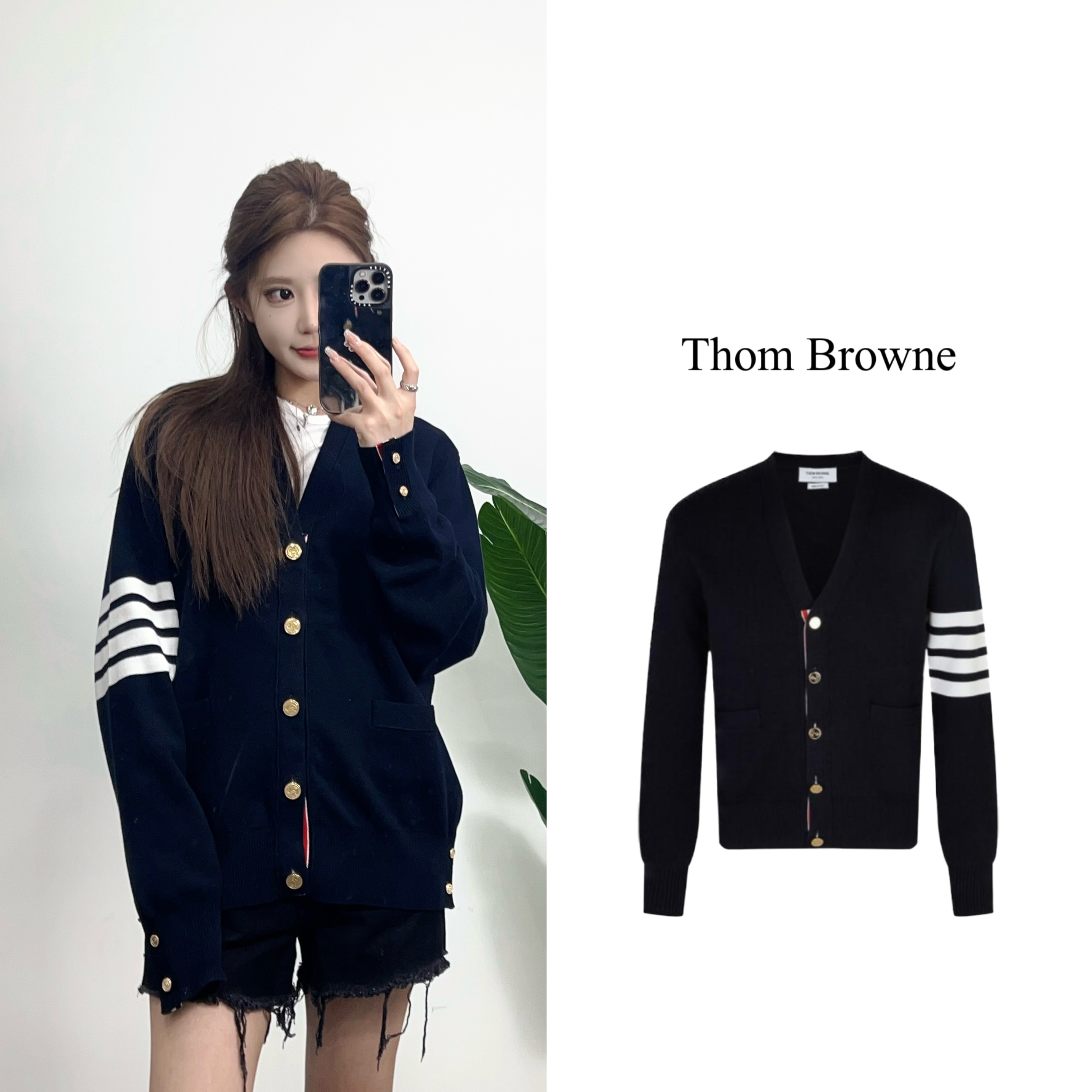 THOM BROWNE汤姆布朗 SS21 四道杠白色条纹金扣 长袖针织V领开衫 