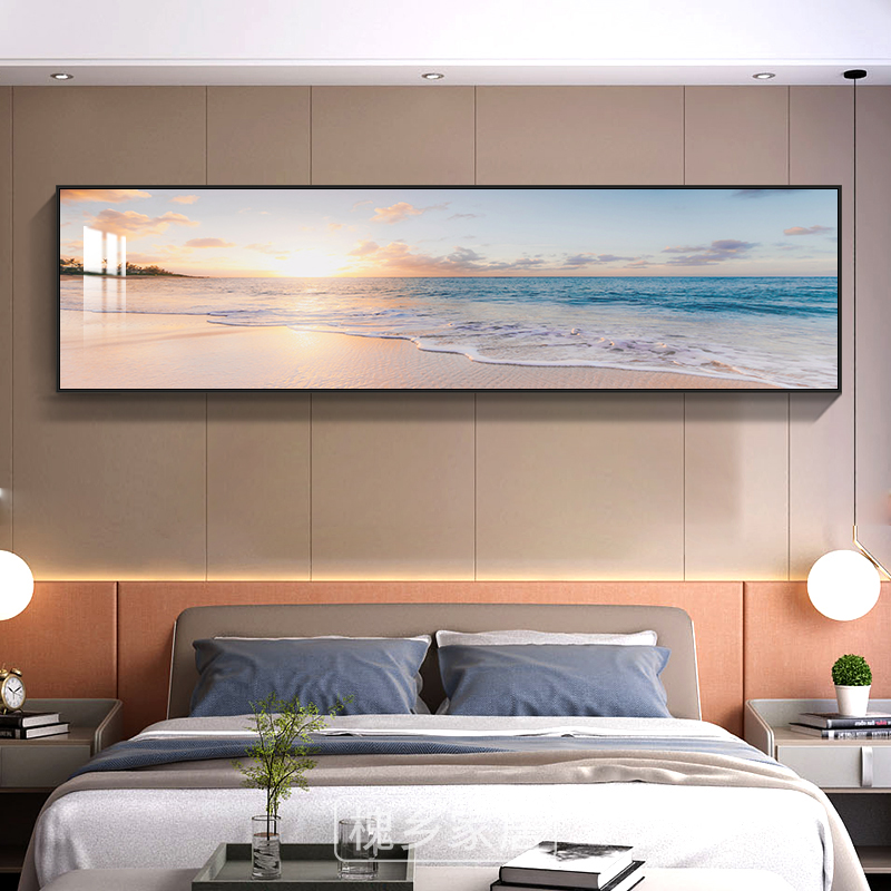 现代简约卧室装饰画主卧床头挂画大气海景横幅铝合金抽象客厅壁画