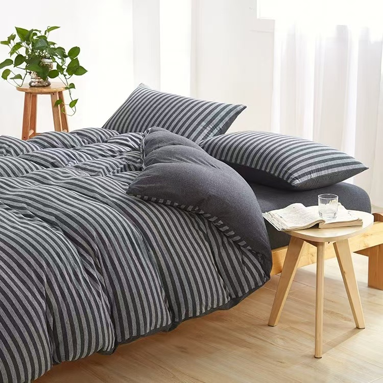 天竺棉双面格子单人针织被套纯棉单件200*230AB面条纹百搭款被罩