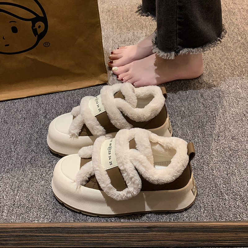 爆款女休闲鞋2023冬季魔术贴简约时尚百搭圆头厚底加绒毛毛休板鞋