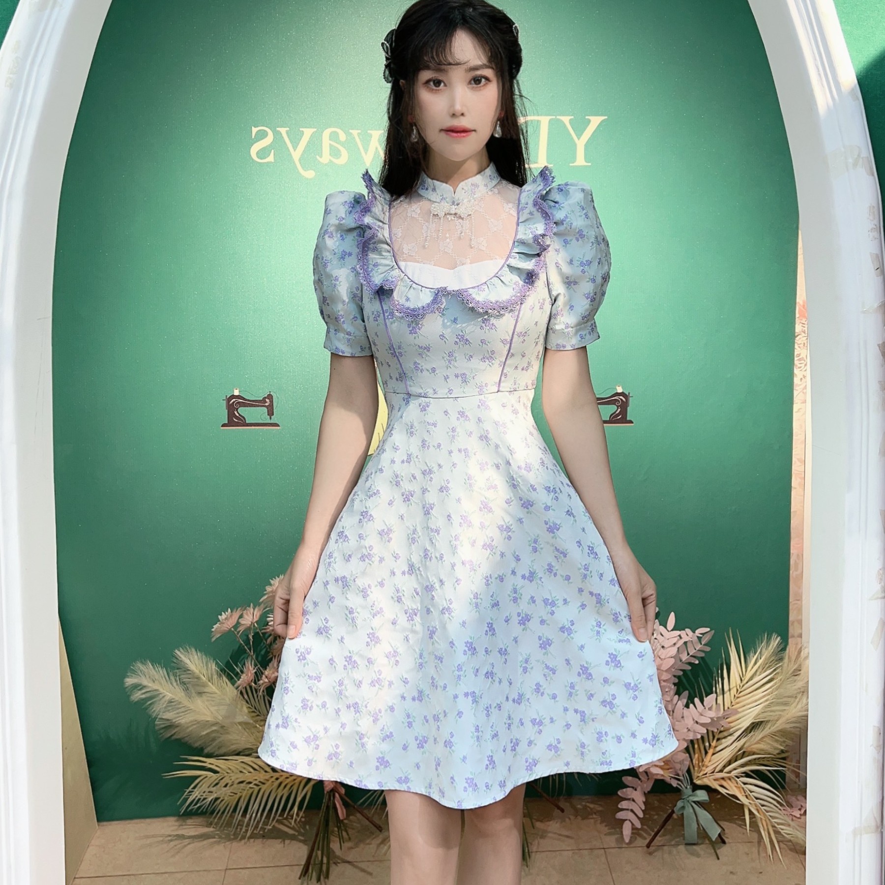 YDNalways品牌原创轻奢设计款夏季改良旗袍显瘦紫色提花连衣裙