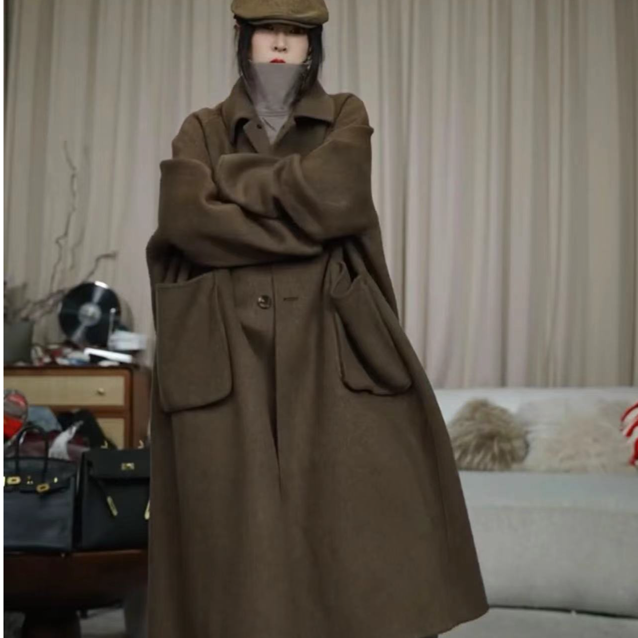 infobyfive2025秋冬新款女士宽松中长款羊毛大衣2DH3106