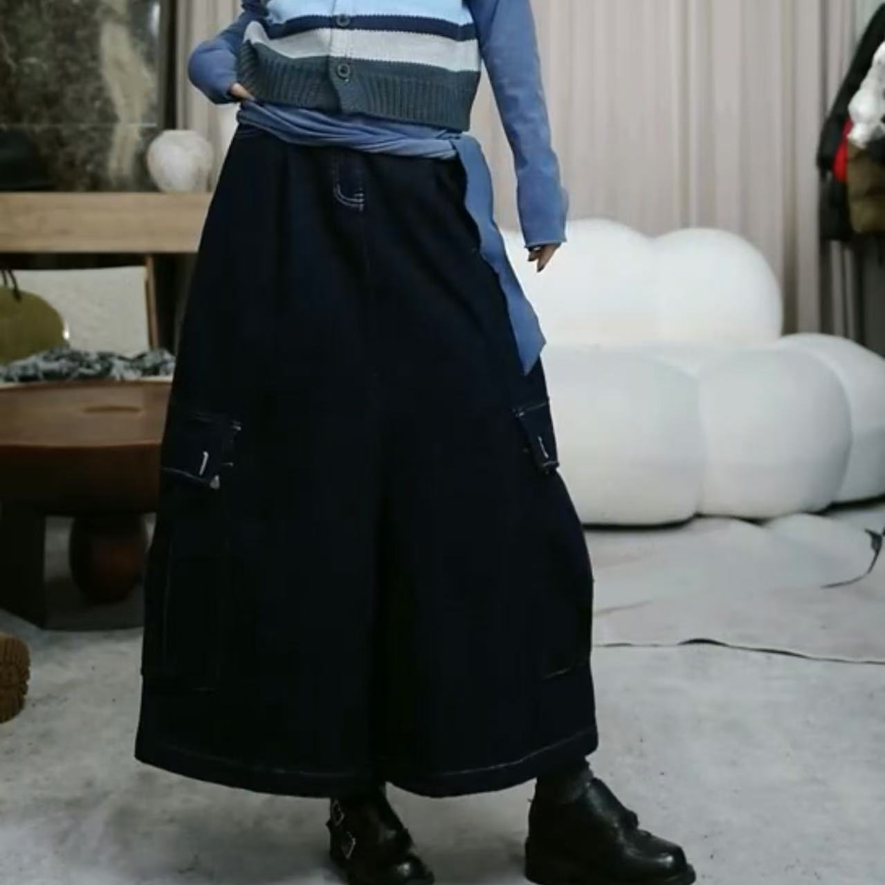 infobyfive福利冬季新款百搭懒懒大口袋加绒工装裤八分裤2DK2810