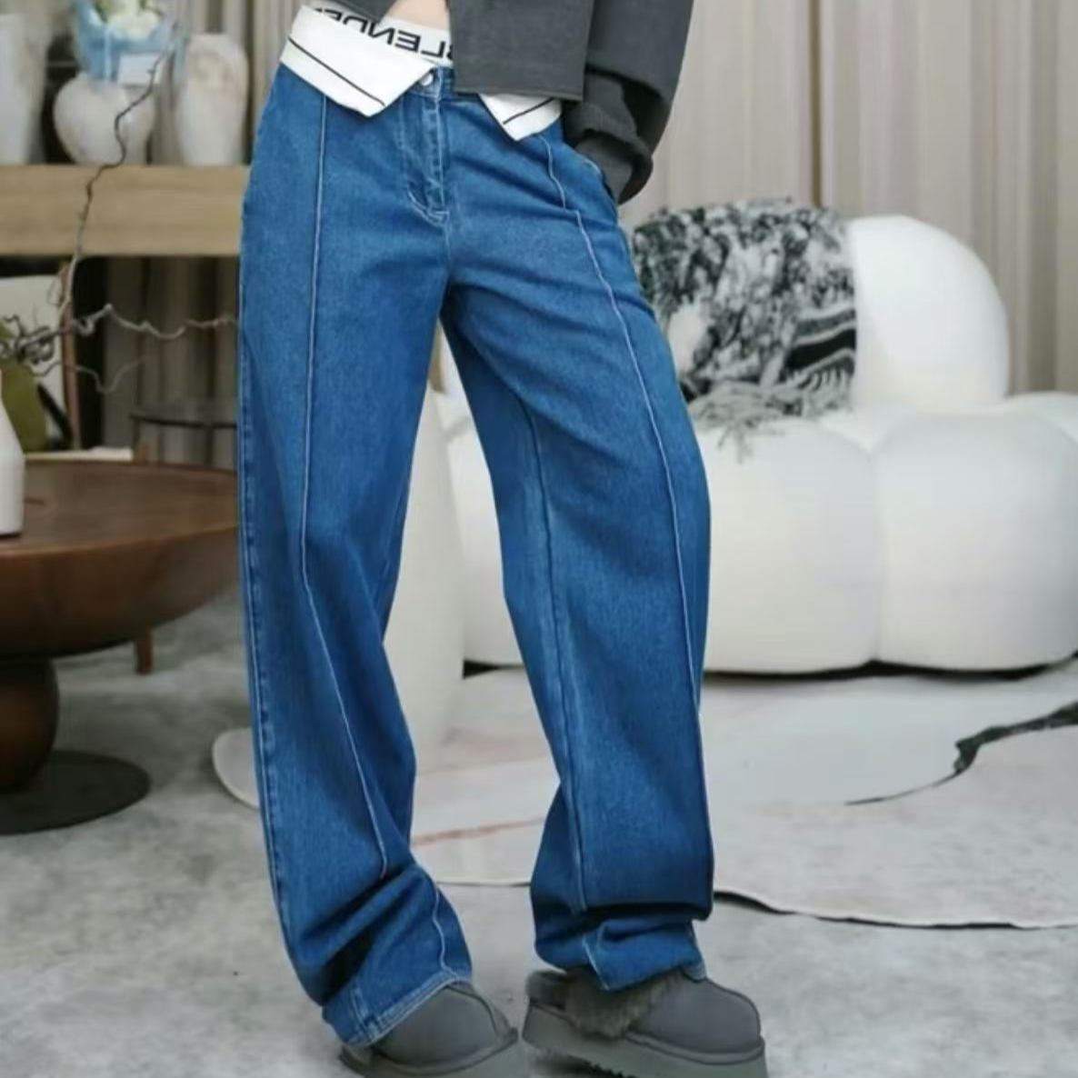 infobyfive福利秋冬新款蓝色直筒拼接拼色翻腰牛仔裤2DH3102