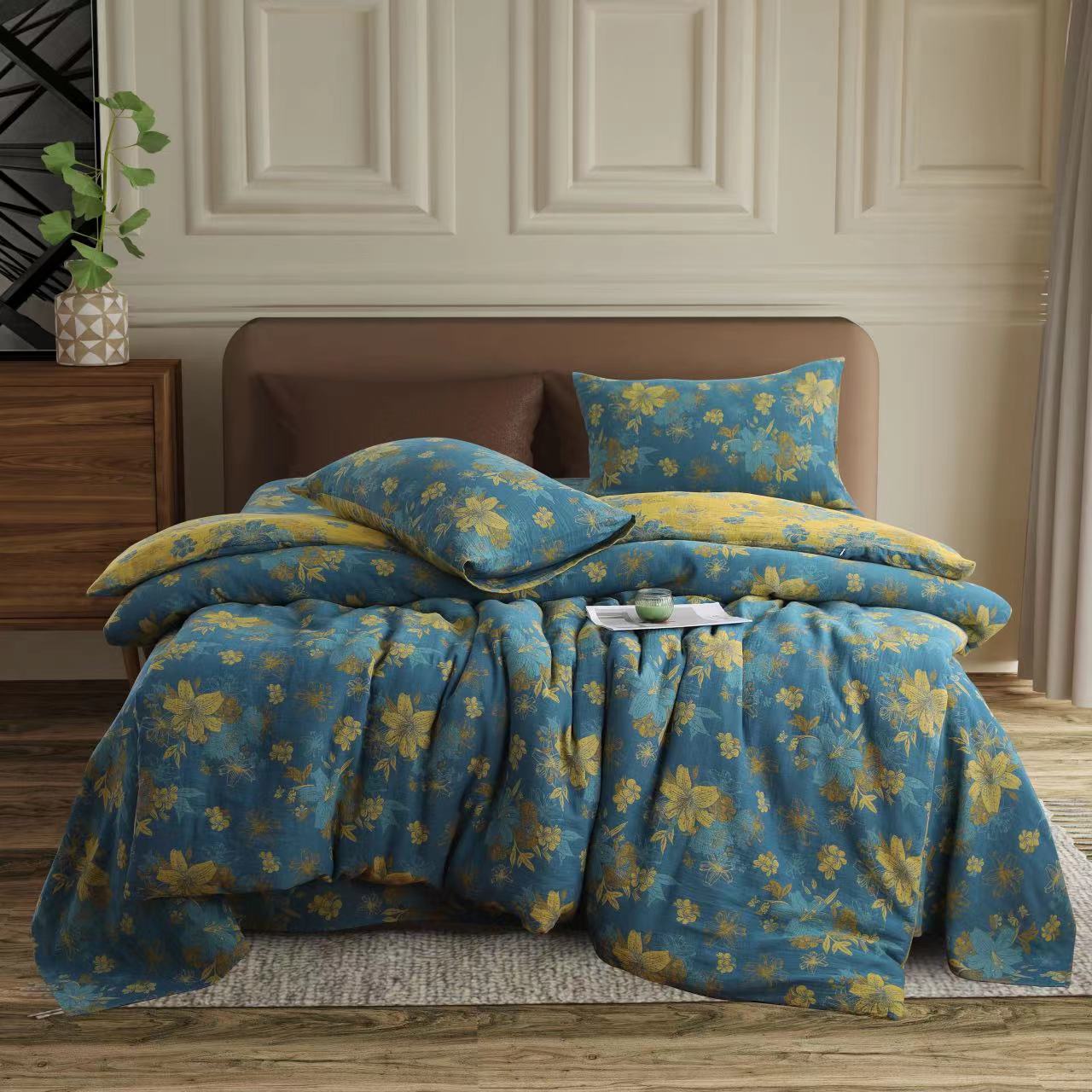 【全棉双层纱四件套】全棉色织双层纱亲肤加厚精梳棉四件套