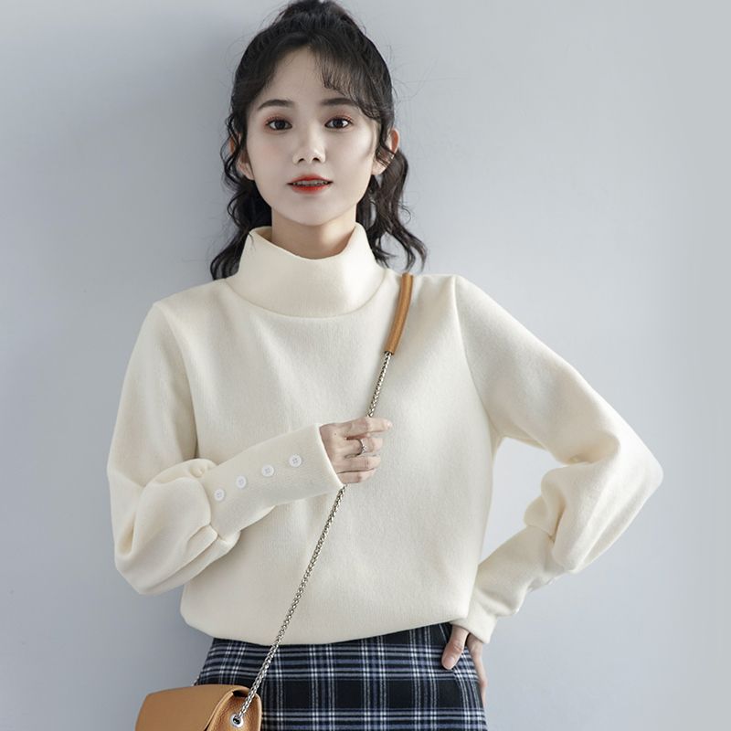 春秋新款半高领杏色打底衫女冬加厚内搭上衣灯笼袖长袖设计感恤潮
