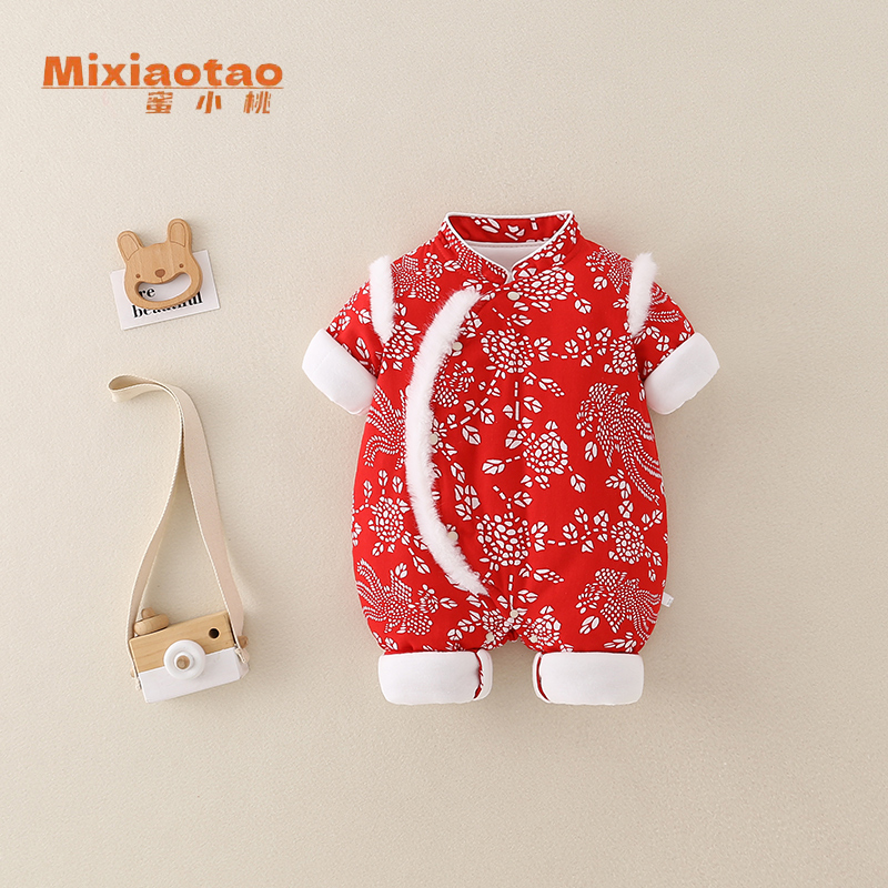 冬款大红棉袄120克薄夹棉宝宝闭档连体衣哈衣新生儿碎花风