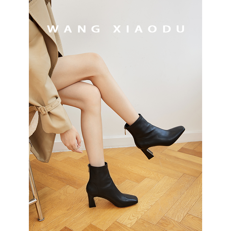【王小毒】姐姐来了●方头弹力靴女瘦瘦靴显瘦烟筒高跟短靴时尚秋冬