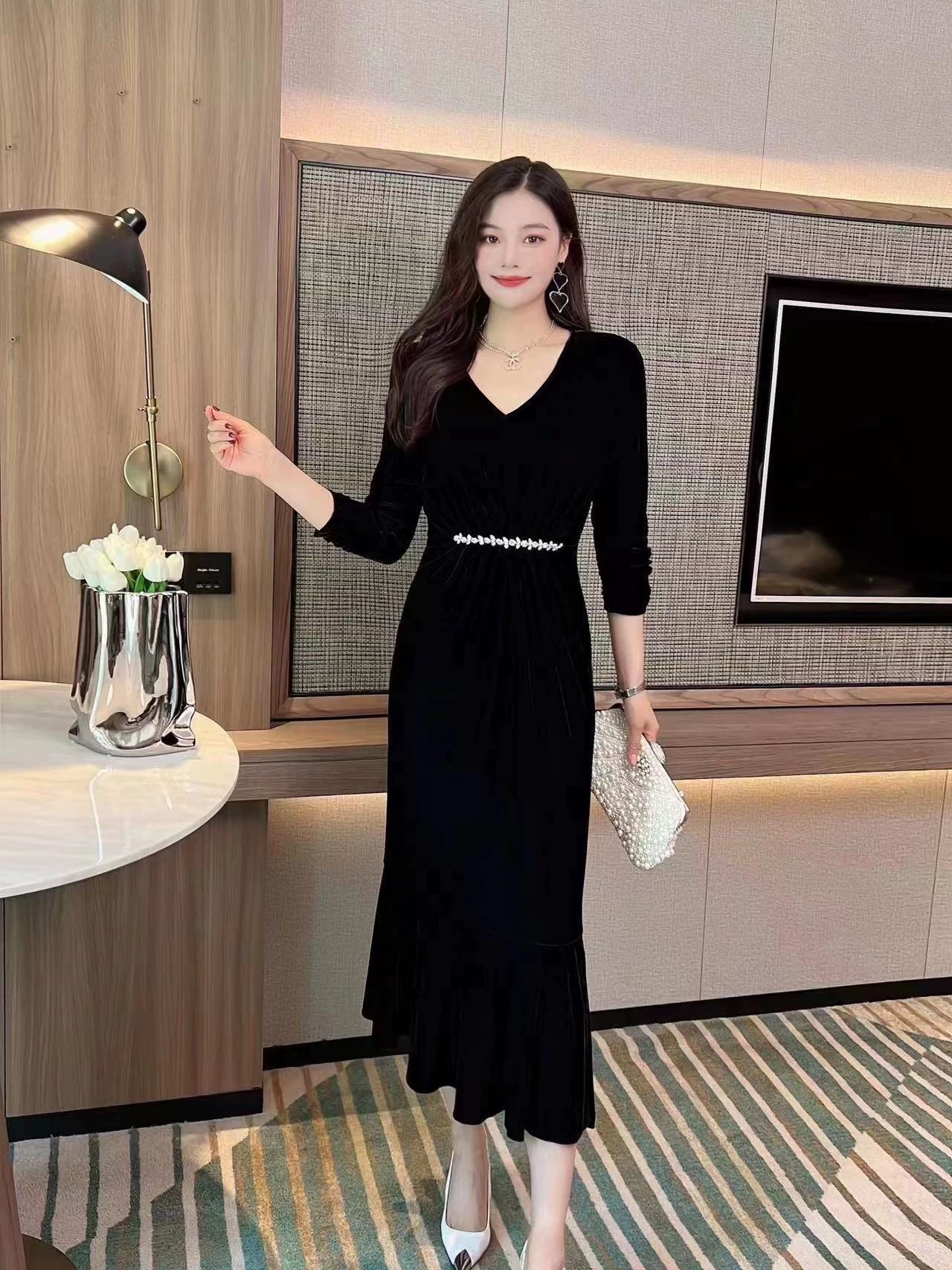 【Y3427】2024秋季新款高端金丝绒高级感收腰显瘦气质鱼尾连衣裙