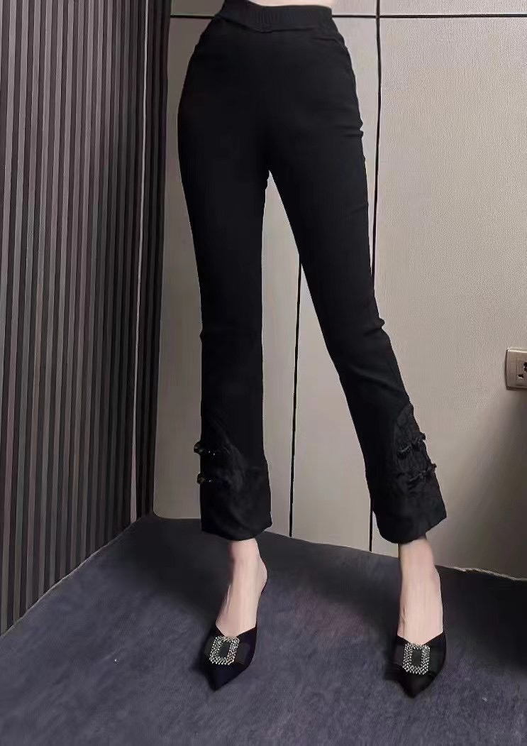 时尚潮流拼接百搭显瘦高腰弹力烟管裤侧盘扣花边黑色九分小个子