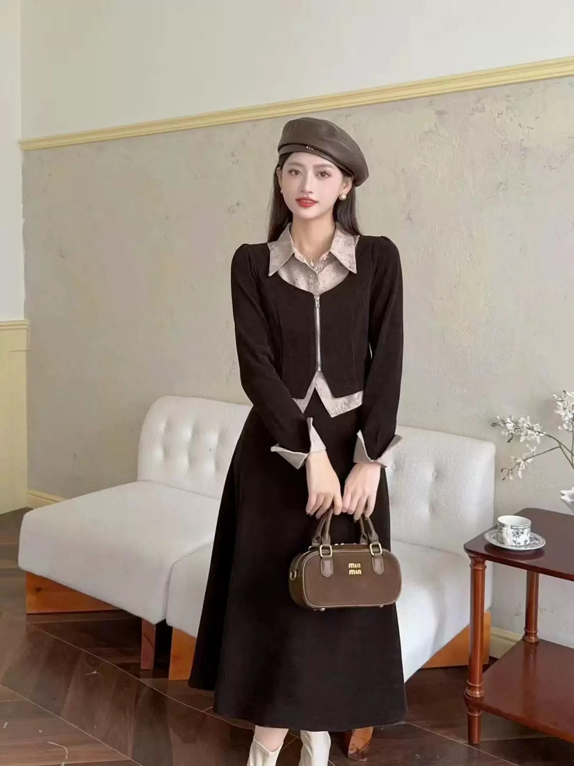 时尚秋冬细条绒收腰显瘦衬衫领高腰半身裙两件套淑女减龄优雅气质