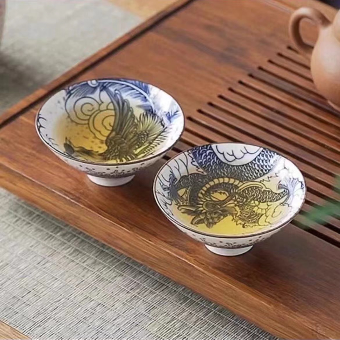 （龙凤2个装）复古青花杯品茗杯陶瓷喝茶功夫茶盏主人杯龙凤斗笠杯