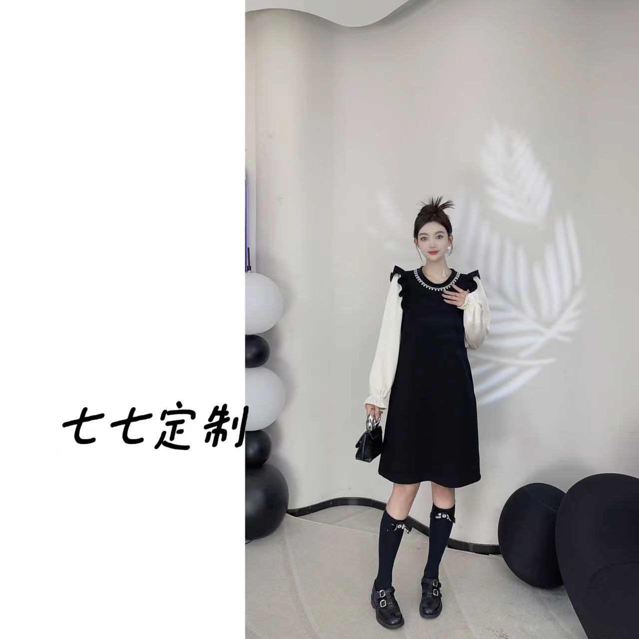 法式宫廷风名媛气质黑色流光感钻石钉珠圆领连衣裙女8899