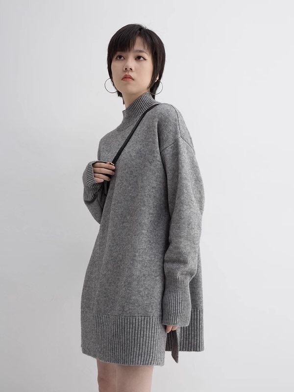 韩版灰色宽松慵懒风开叉半高领遮屁股套头毛衣女中长款针织衫外穿