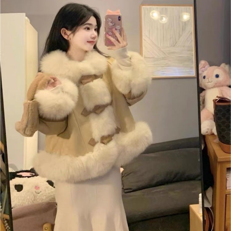 狐狸毛环保皮草女2023冬新款麂皮绒拼接短款小个子毛毛外套高级感