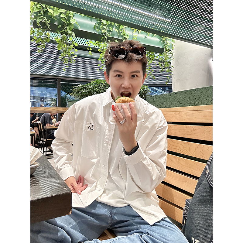 Cookawu白色基础字母绣花长袖衬衫棉XS帅T百搭休闲设计感