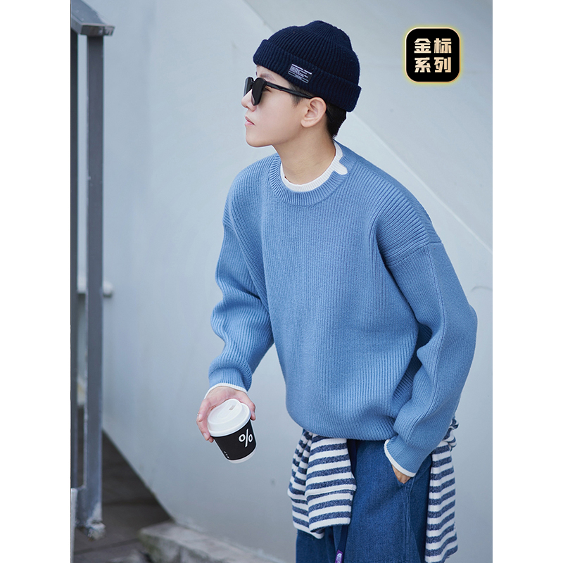 Cookawu2024冬季加厚灰蓝色粗坑条针织宽松假两件毛衣圆领百搭