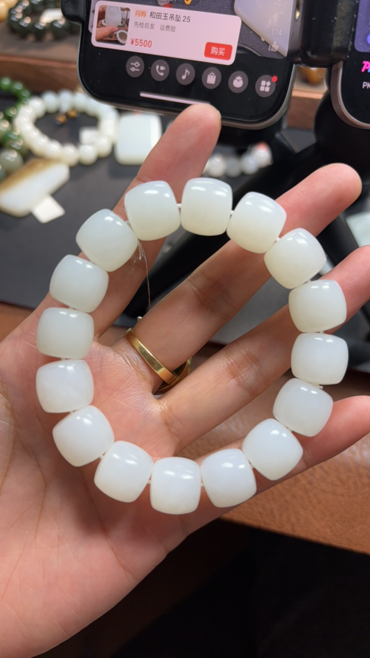 和田玉白玉圆珠手链