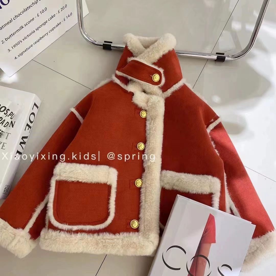 儿童短款外套女童新款时尚潮流加厚中大童皮毛一体外套冬装拜年服