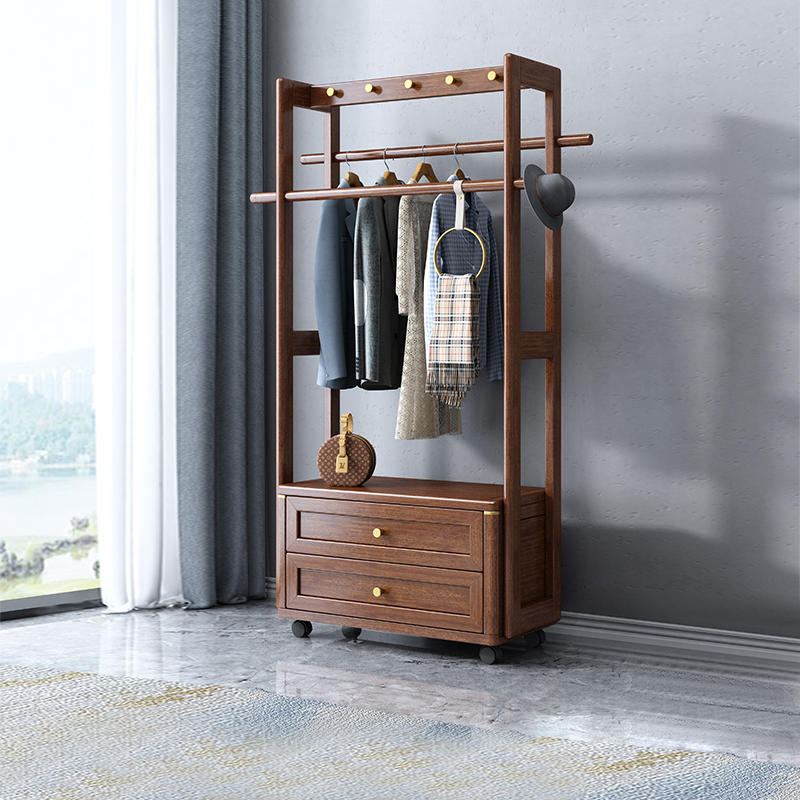 胡桃木新中式实木衣帽架房间卧室可移动落地收纳置物架家用220225