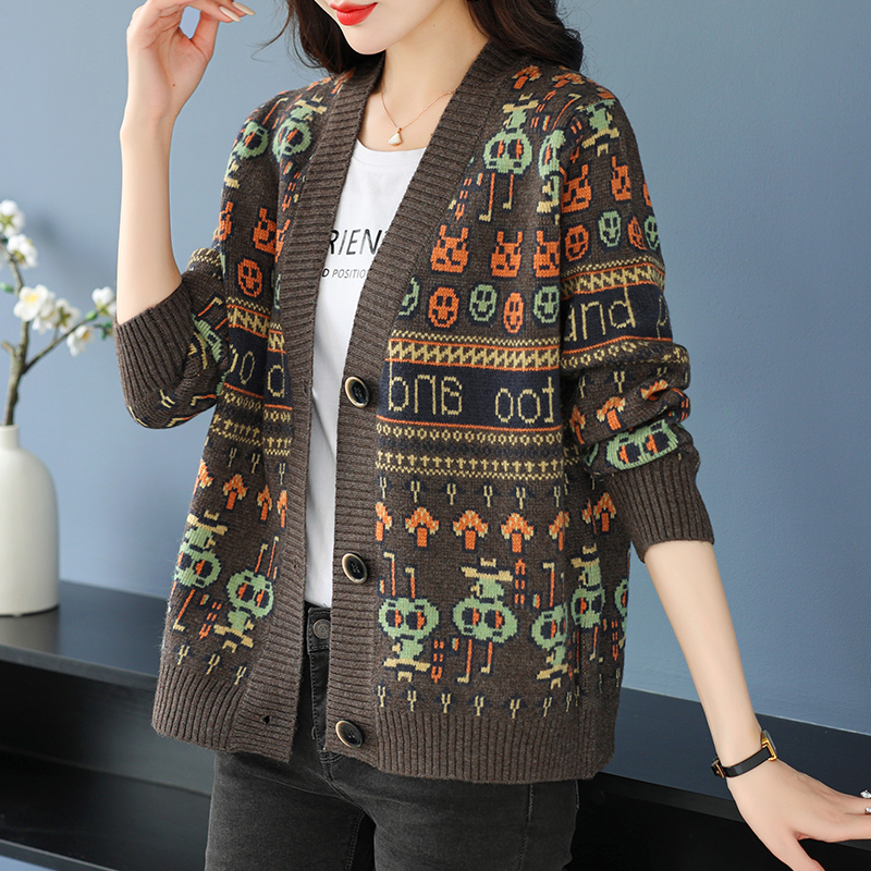 新款卡通针织开衫百搭大码春秋冬季外搭毛衣中年时尚宽松外套洋气