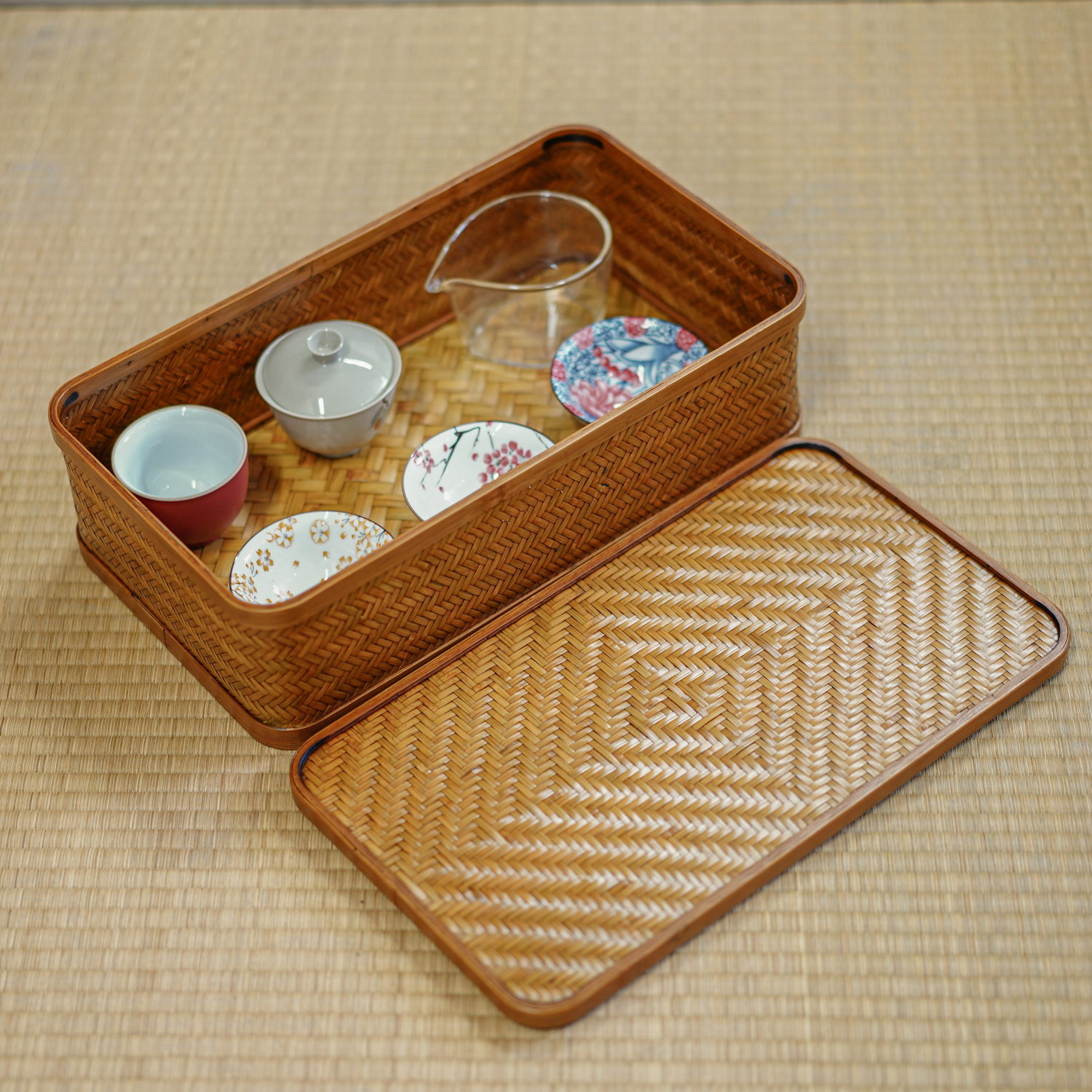 【竹风】茶盒竹编收纳盒方带盖手工茶具竹篮竹筐