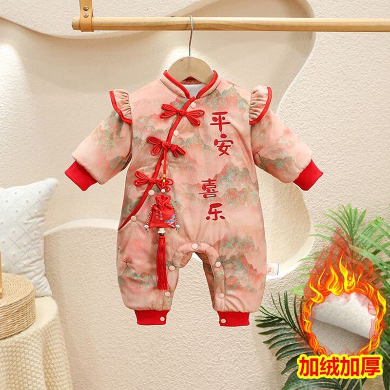 百天宝宝夹棉连体衣婴儿秋冬季棉服加绒加厚国风爬服幼儿满月哈衣