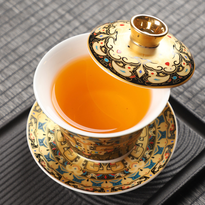 三才盖碗可悬停中式功夫家用泡茶大小号带盖唐卡描金羊脂玉瓷茶碗