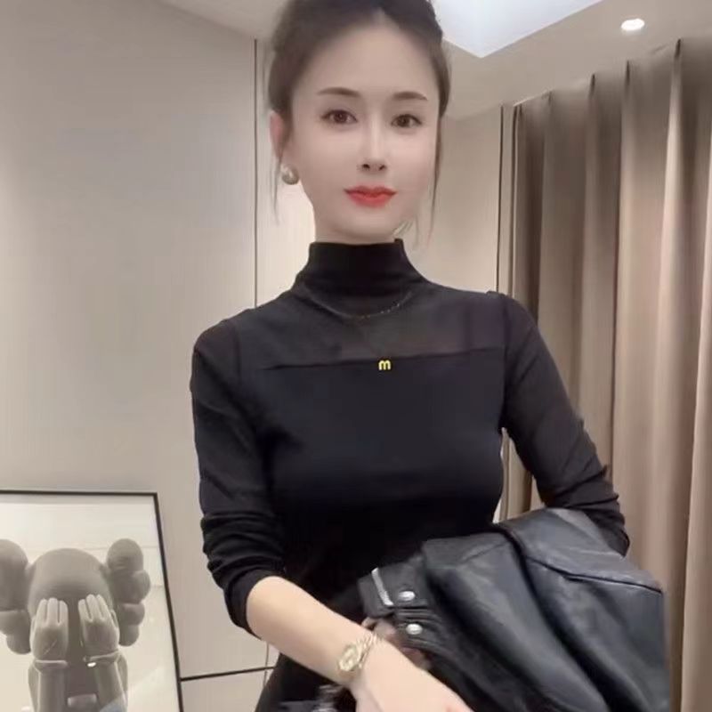 网红时尚半高领黑色网纱长袖打底衫洋气修身显瘦女士长袖打底衫