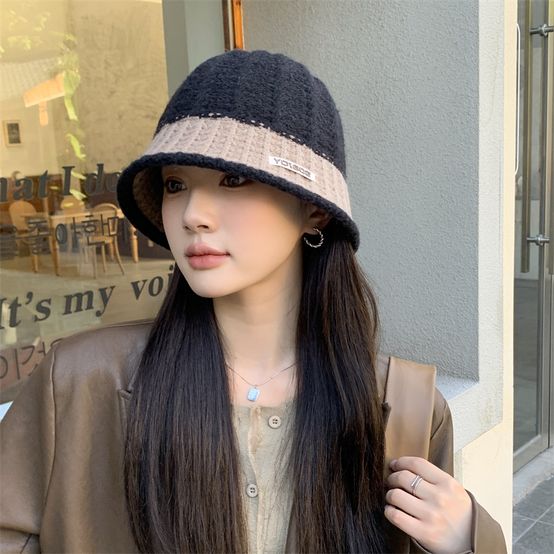 新款帽子女秋冬韩版小众时尚洋气水桶帽双色针织保暖防风渔夫帽子