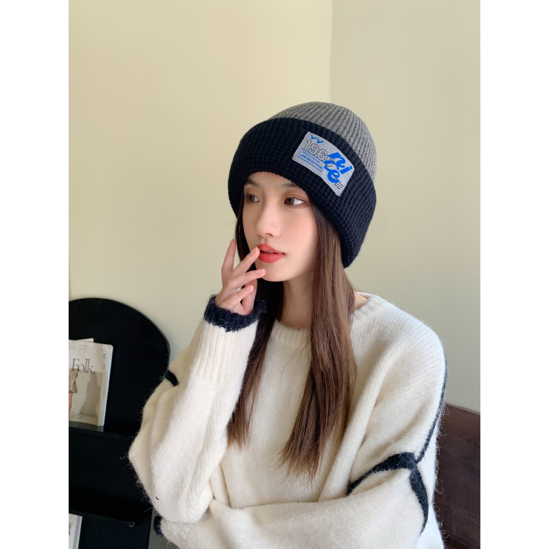 网红帽子毛线帽女秋冬韩版百搭潮贴标保暖宽松冷帽大头围毛针织帽