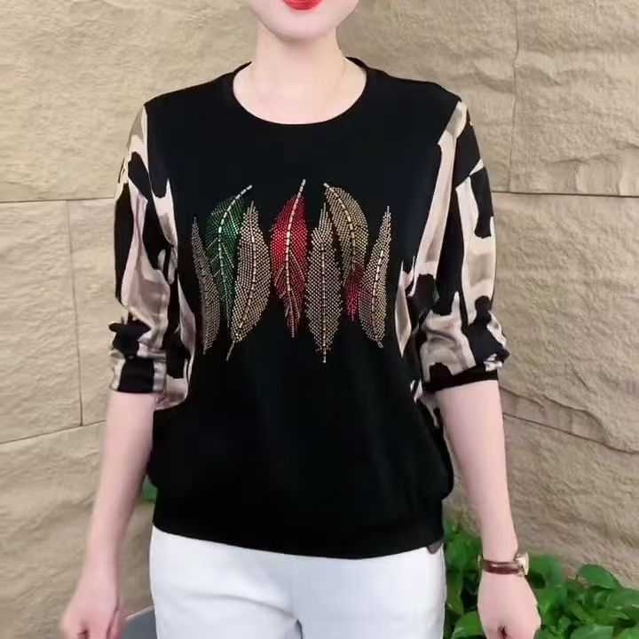 宽松大码200斤秋季长袖T恤中年妈妈女装圆领烫钻拼接显瘦打底女商品图