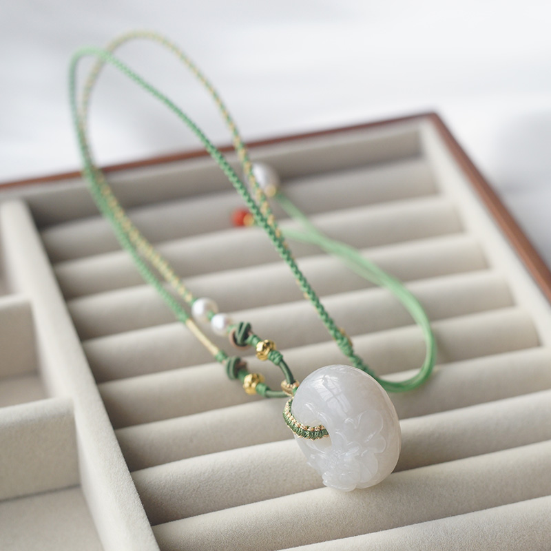  和田玉浅藕粉平安扣吊坠牡丹花手工精雕富贵花开面包圈挂件