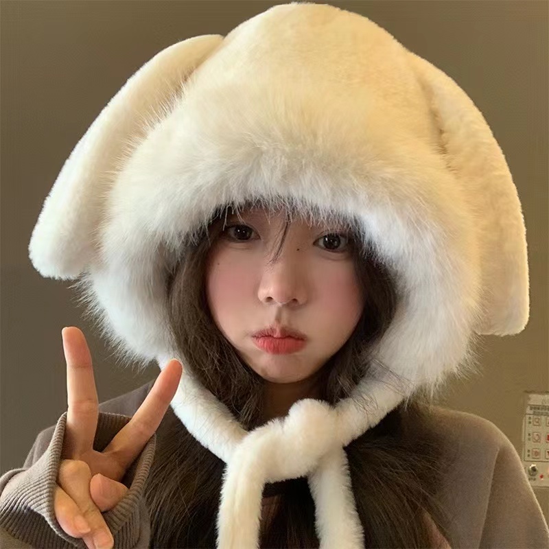 可爱白色兔耳朵毛绒帽女秋冬季显脸小护耳保暖雷锋帽大头围帽子潮