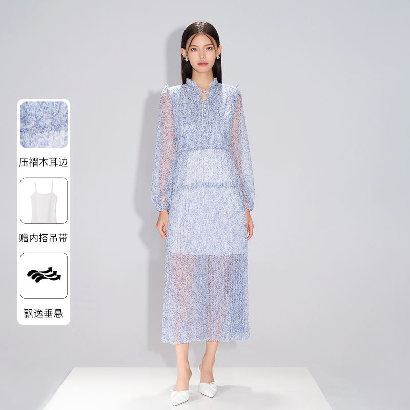 Caroline/卡洛琳25春季新款碎花压褶系带领长款连衣裙ECRFAQ02
