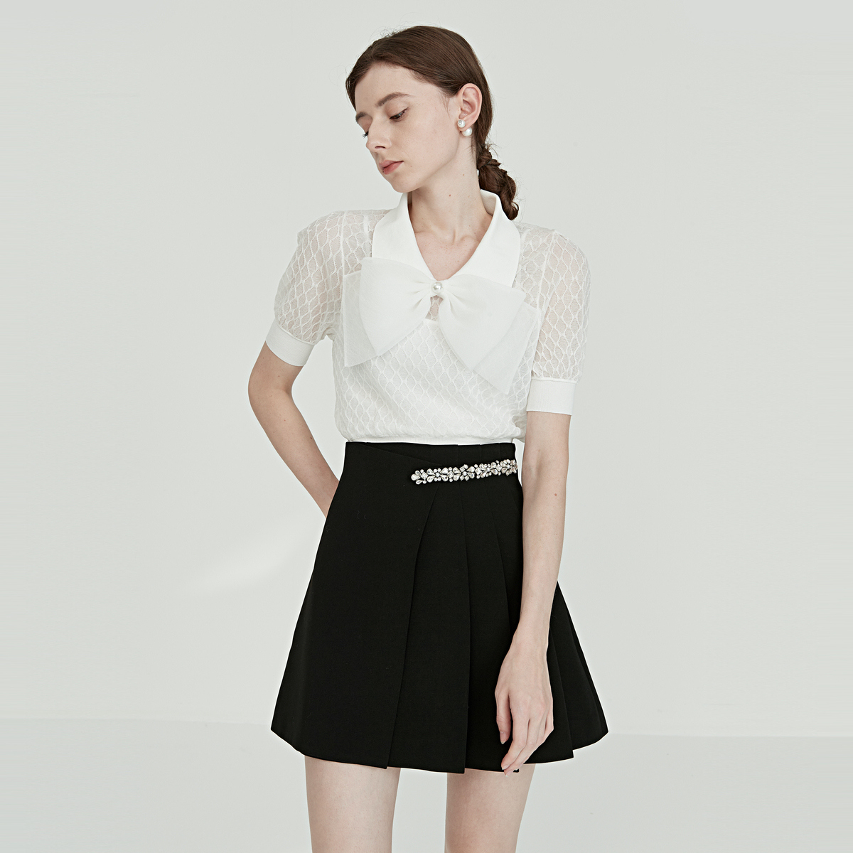 【诗语专属】Caroline夏季新款蝴蝶结薄款短袖纹路针织衫ECRCBB15