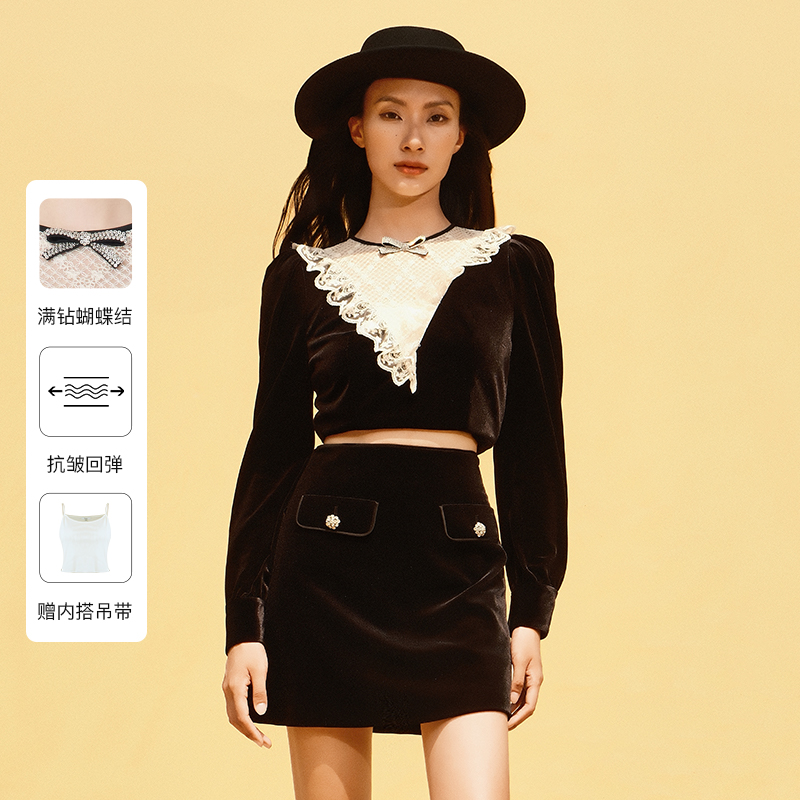 【粉丝专属】Caroline冬季复古刺绣拼接丝绒长袖上衣ECREDP01